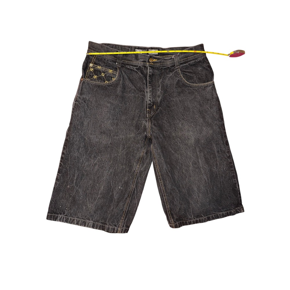 Southpole Mens Baggy Denim Shorts Black Gold Embroidered Y2K Streetwear 36